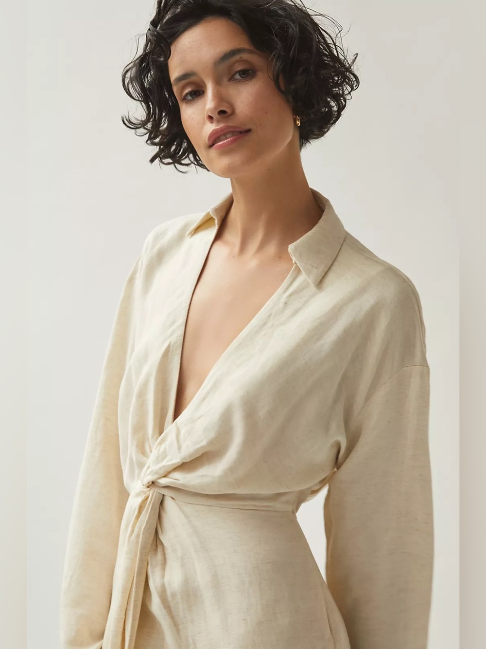 Anthropologie Ivory V-Neck Knot Front Midi Dress Linen Blend US 2 - Picture 14 of 17